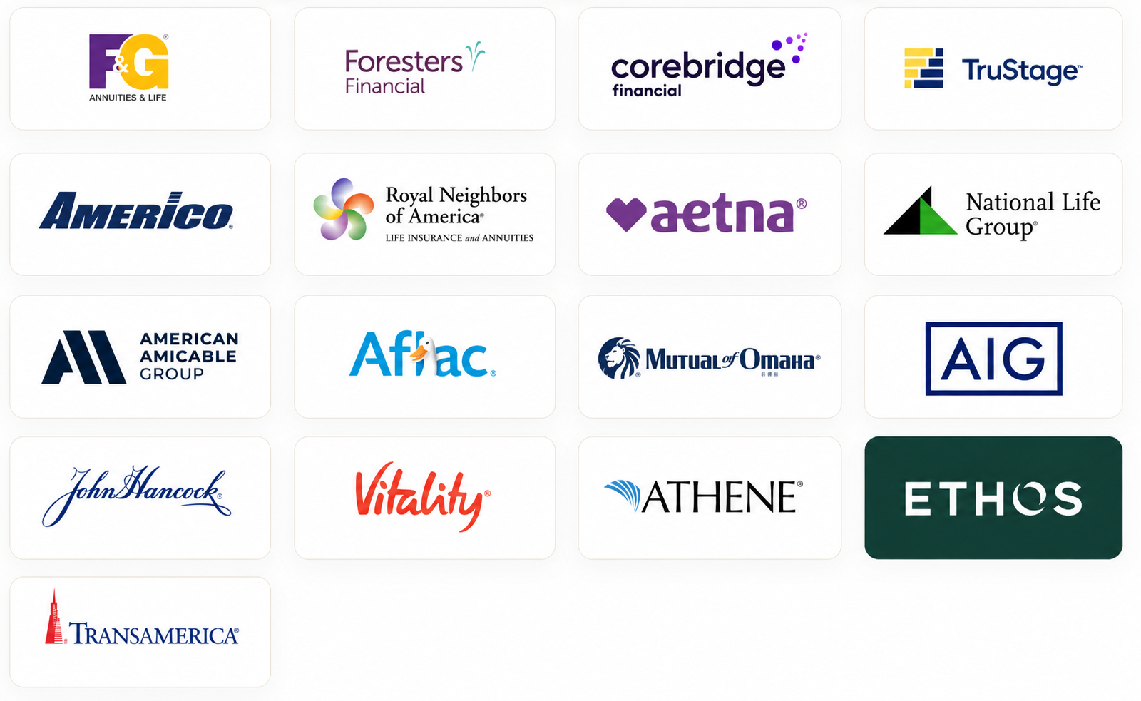 Apex Financial Group carrier network including F&G, Foresters Financial, Corebridge Financial, TruStage, Americo, Royal Neighbors of America, Aetna, National Life Group, American Amicable Group, Aflac, Mutual of Omaha, AIG, John Hancock, Vitality, Athene, Ethos, and Transamerica